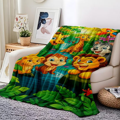 Plush Flannel Throw Blanket with Cartoon Jungle Print
