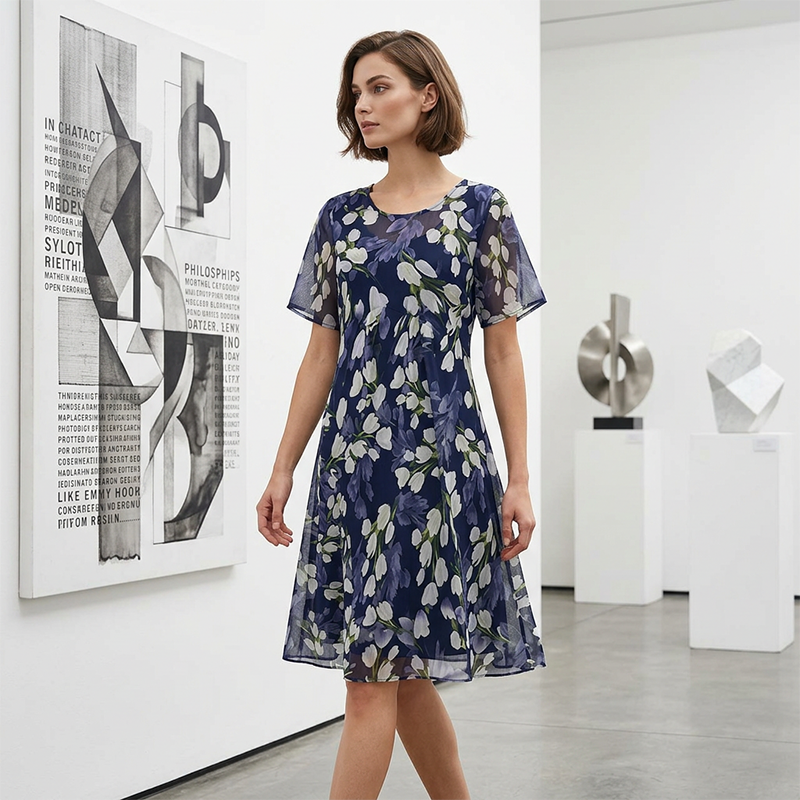 🌸Women's Floral A-Line Party Dress – Double-Layer Chiffon, Elegant Print & Knee-Length Fit 👗