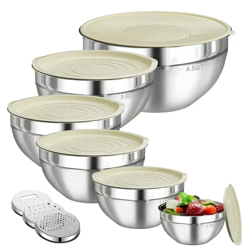 🥣 304 Stainless Steel Mixing Bowl Set with Airtight Lids & Grater Attachments 🔪✨