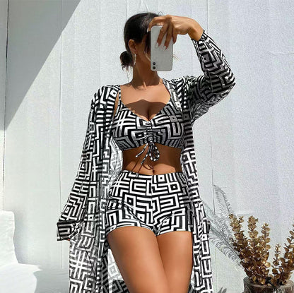 Women's Geometric Print 3-Piece Swimwear Set | High-Waisted Tummy Control Bikini & Sheer Cover-Up | Summer Beach Holiday Outfit