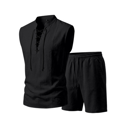 🧵 LIMITED-TIME ✨ Men's Linen Sleeveless Set – Top & Shorts, Lace-Up, 7 Colors ☀️