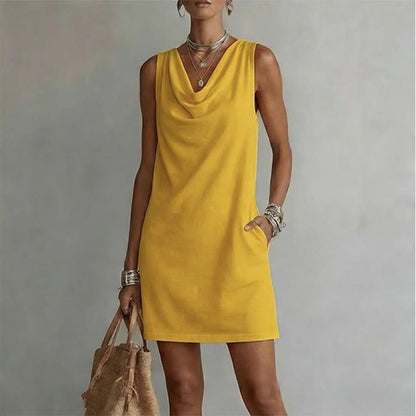 👗 Elegant Slim Fit Cowl Neck Dress – Sleeveless, Side Pockets, Versatile ✨