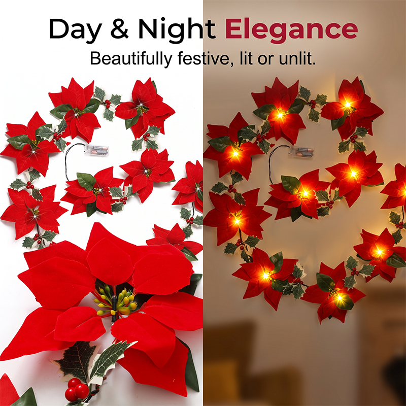 😍 🎄 Poinsettia Flower String Lights – 2M Warm LED Garland with Red Flowers & Holly Leaves