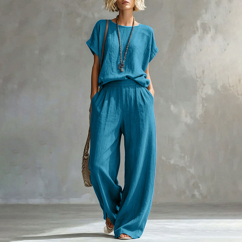 🌿Women's Short Sleeve Top & Wide-Leg Pants Set