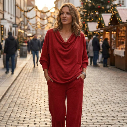 💖🍂 Women's Cowl Neck Top and Wide-Leg Pants Set – Effortless Elegance for Autumn