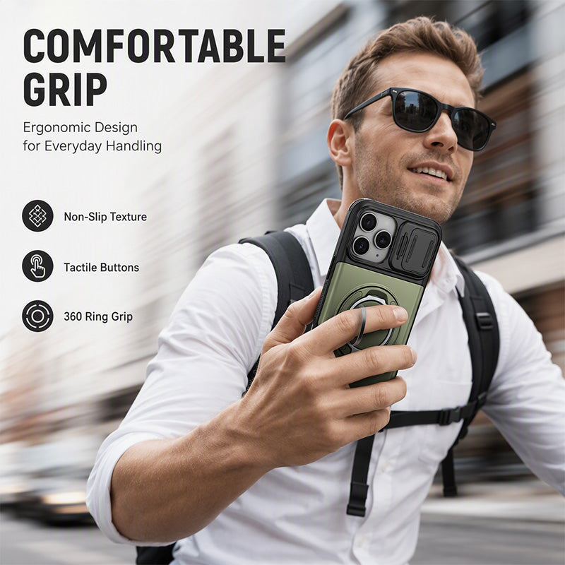 📱 Rugged Phone Case with Card Holder – Camera Slider & Kickstand