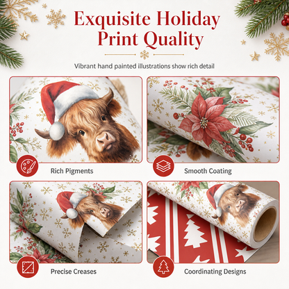 🎄🐮 Reversible Christmas Highland Cow Gift Wrapping Paper Roll – Thick Tear‑Resistant Craft Paper, 2 Festive Designs in 1 Roll (43cm×5m) 🎁