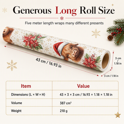 🎄🐮 Reversible Christmas Highland Cow Gift Wrapping Paper Roll – Thick Tear‑Resistant Craft Paper, 2 Festive Designs in 1 Roll (43cm×5m) 🎁