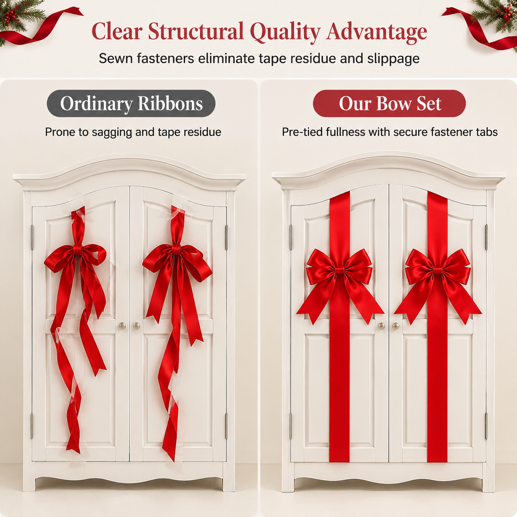 Christmas Red Bow Decoration for Kitchen Cabinet Doors and Front Doors with Hook and Loop Fastener